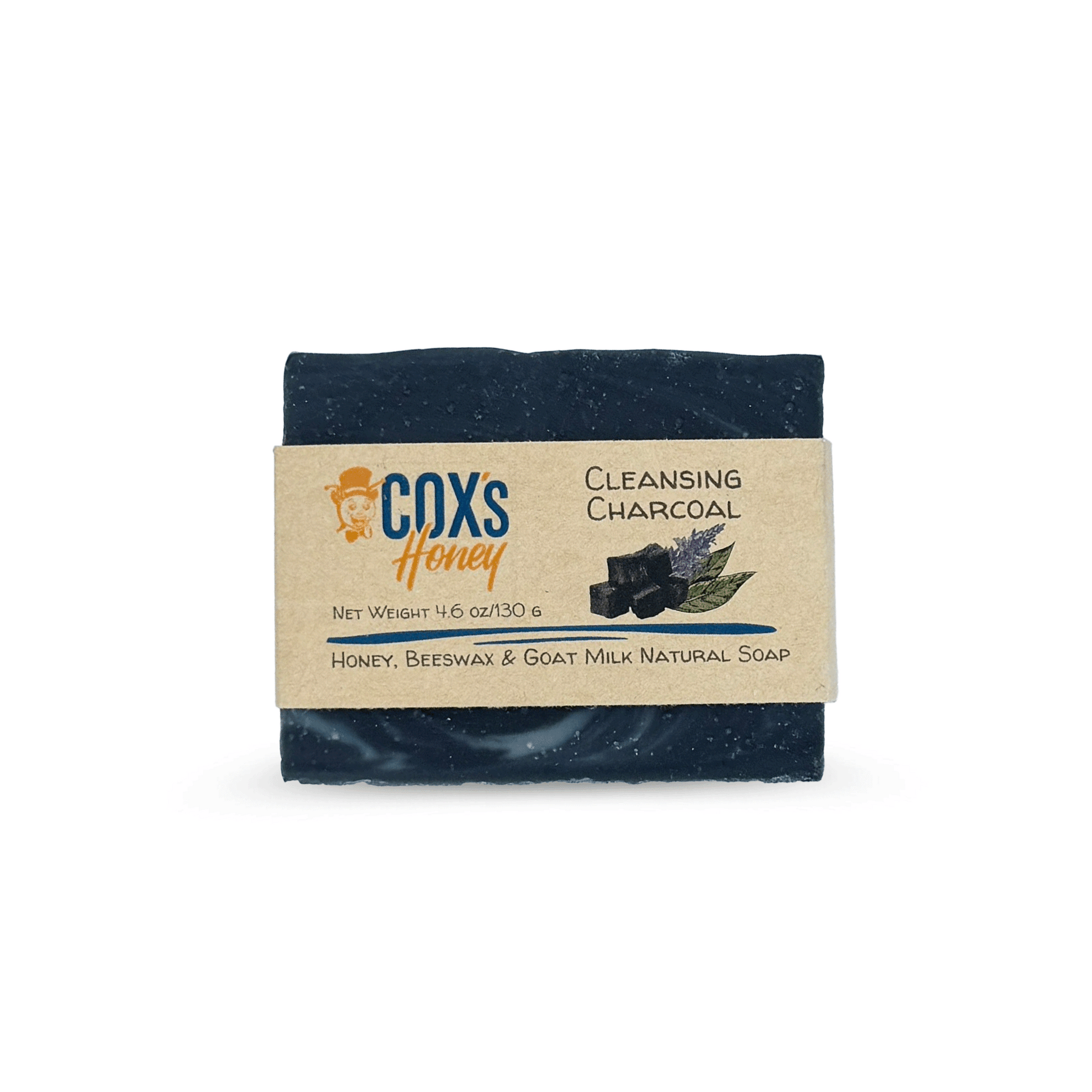 Cox's Honey cleansing charcoal soap bar on a white background