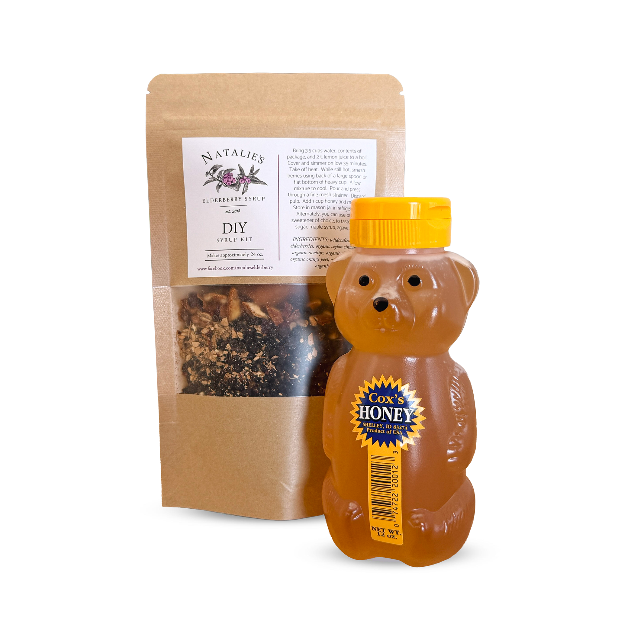 Coxs honey bear bottle and a package of elderberry syrup diy kit on a white background