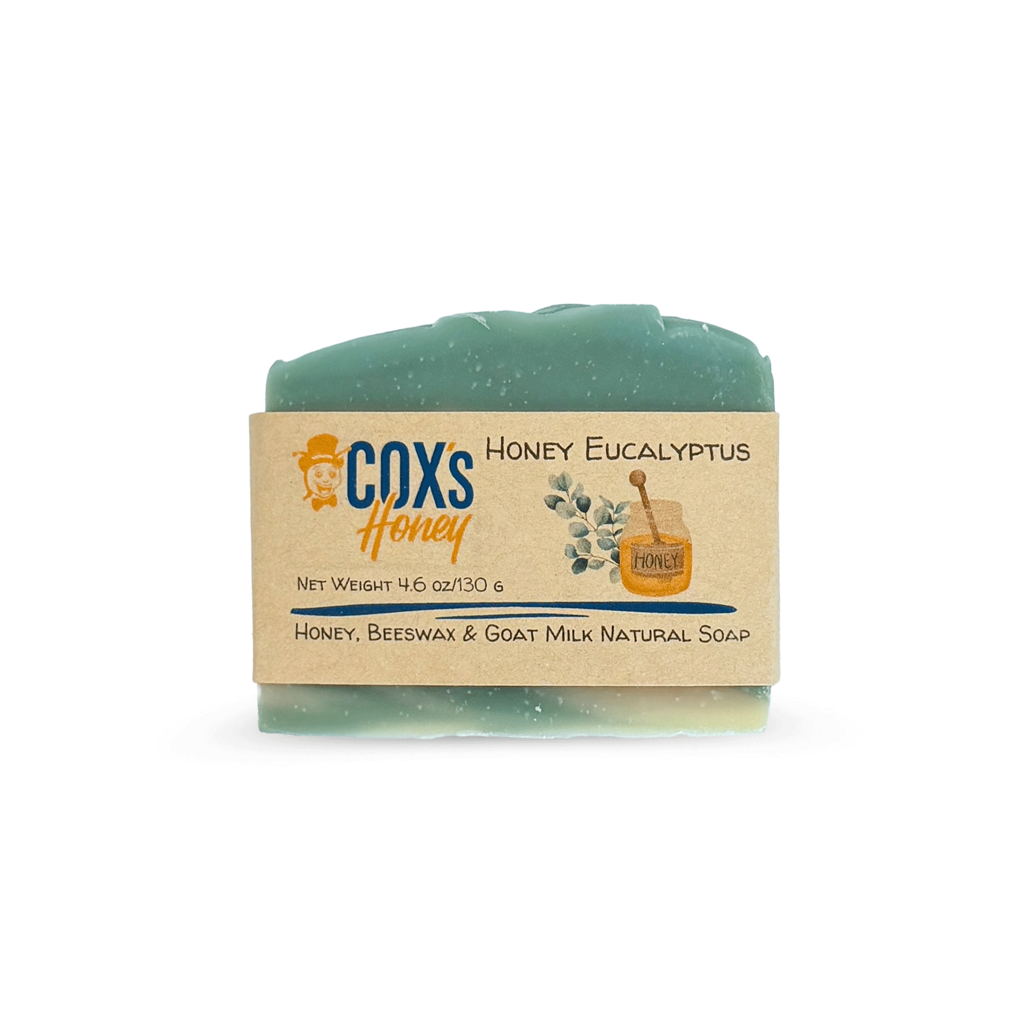 honey eucalyptus soap bar with 'Cox's Honey' label on a white background