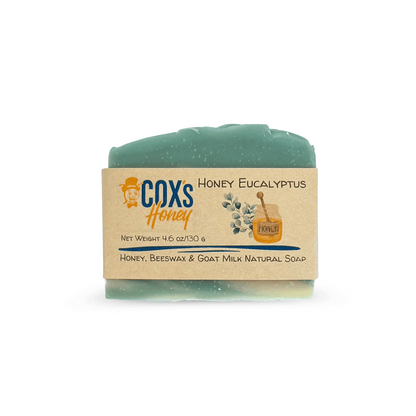 honey eucalyptus soap bar with 'Cox's Honey' label on a white background