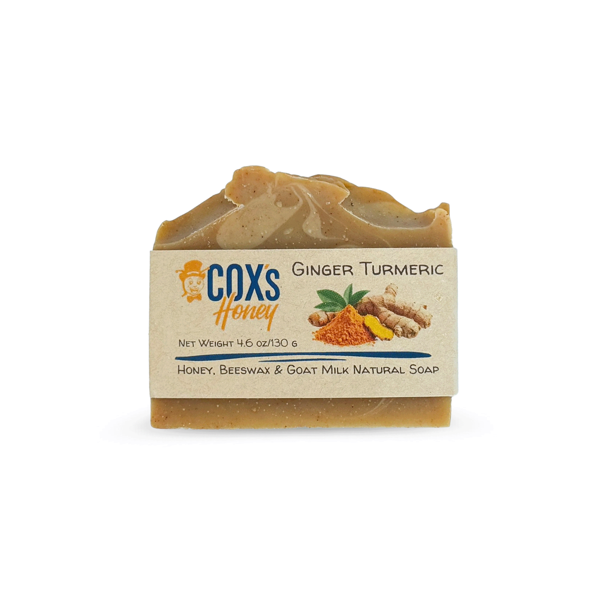 Bar of ginger turmeric soap with 'Cox's Honey' branding on a white background