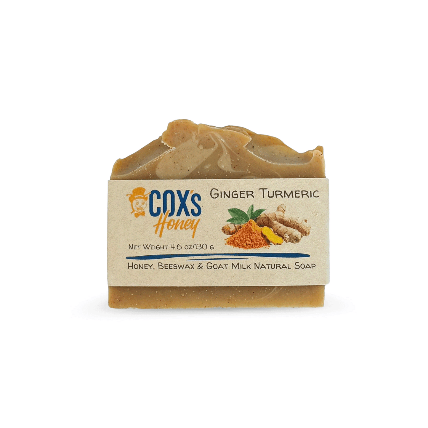 Bar of ginger turmeric soap with 'Cox's Honey' branding on a white background