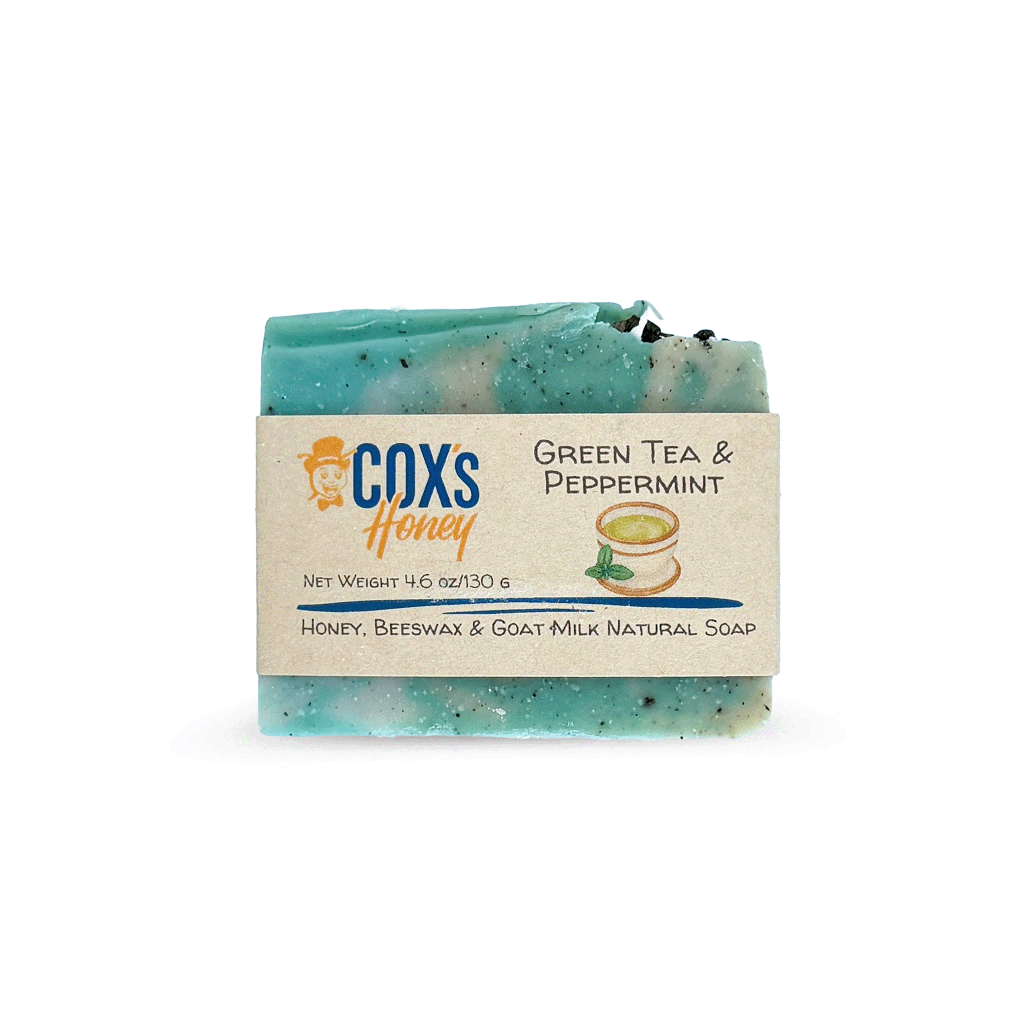 Bar of green tea and peppermint soap with Coxs Honey branding on a white background