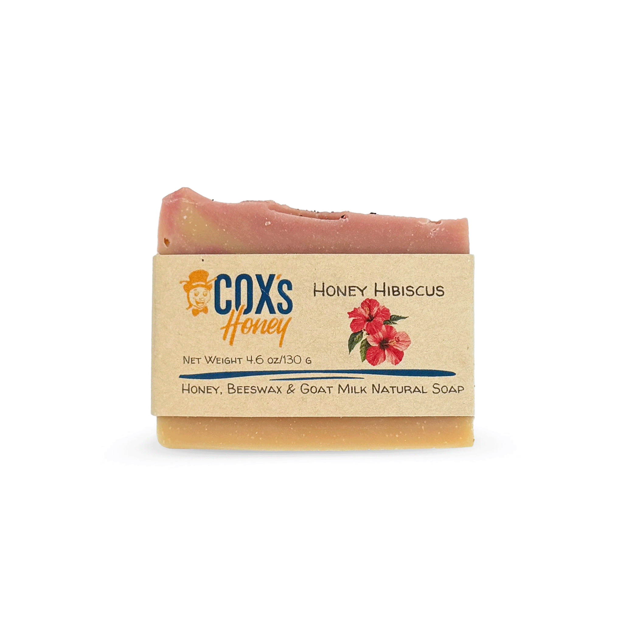 Bar of honey hibiscus soap with Coxs Honey branding on a white background