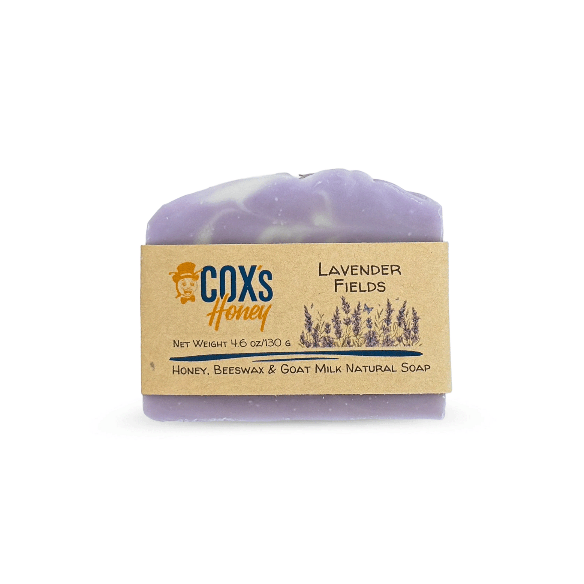 Bar of lavender fields soap with a Coxs Honey label on a white background