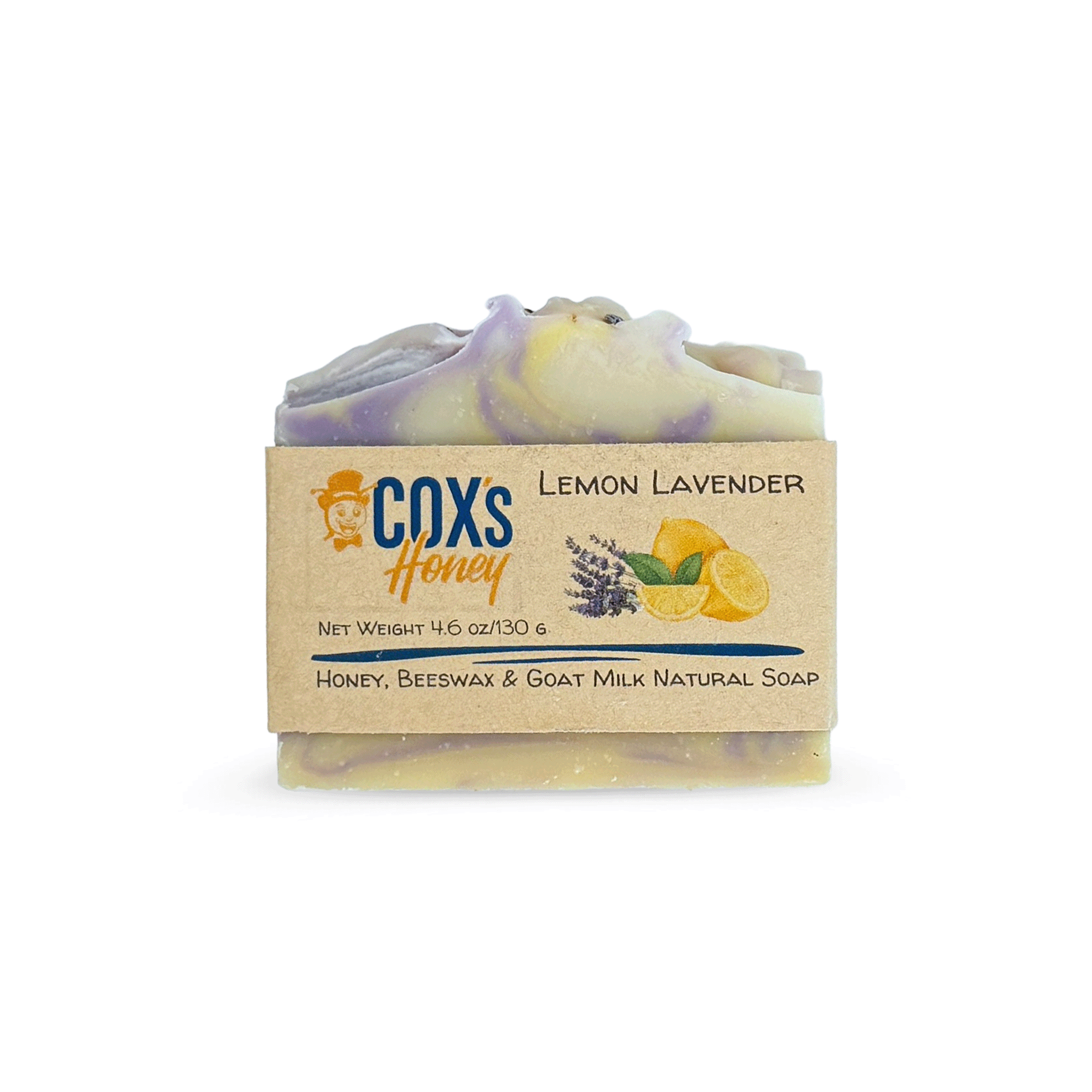 Bar of lemon lavender soap with a Coxs Honey label on a white background