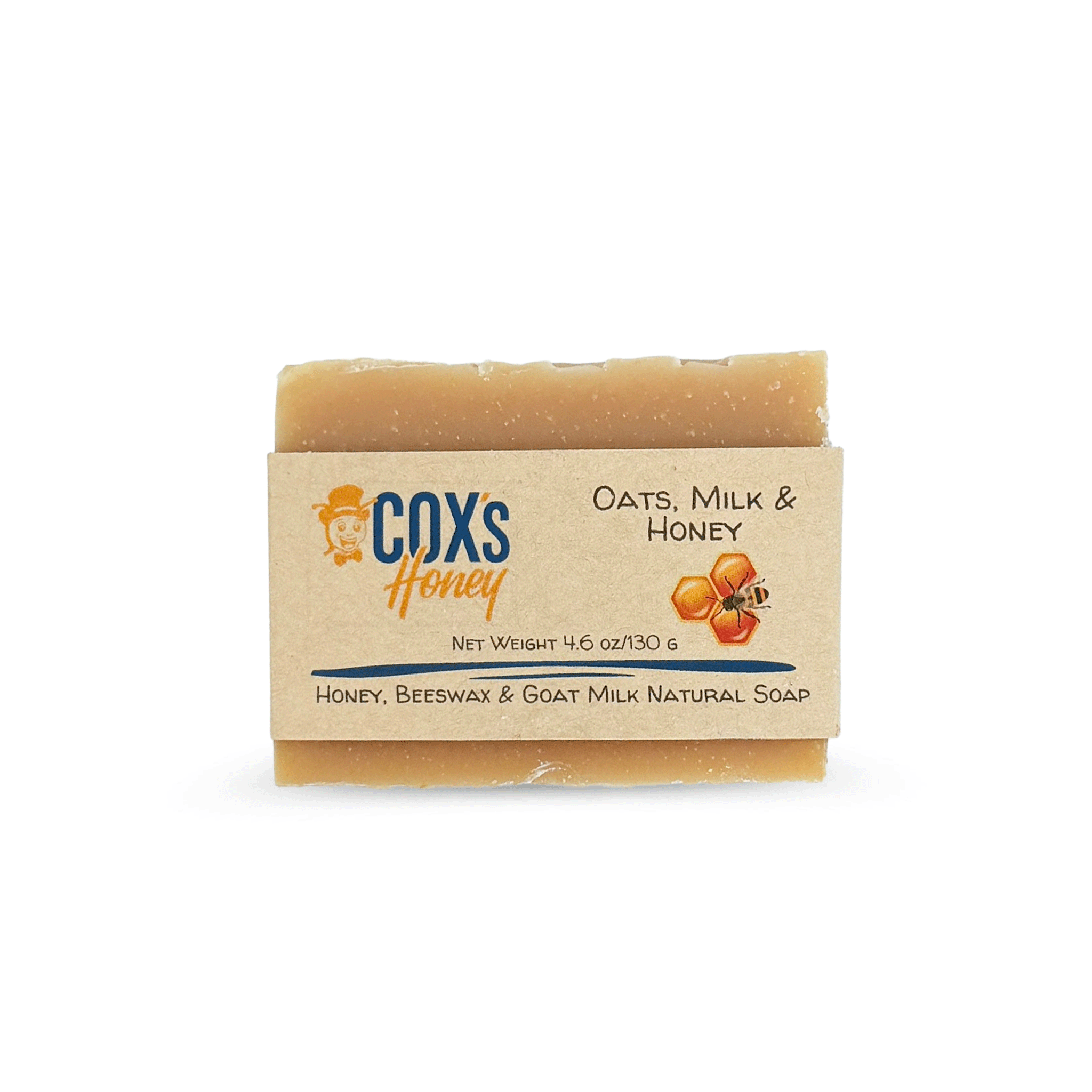 Bar of oats milk and honey soap with Cox's Honey label on a white background