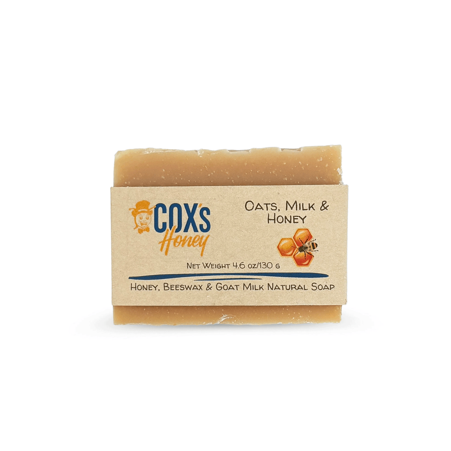 Bar of oats milk and honey soap with Cox's Honey label on a white background