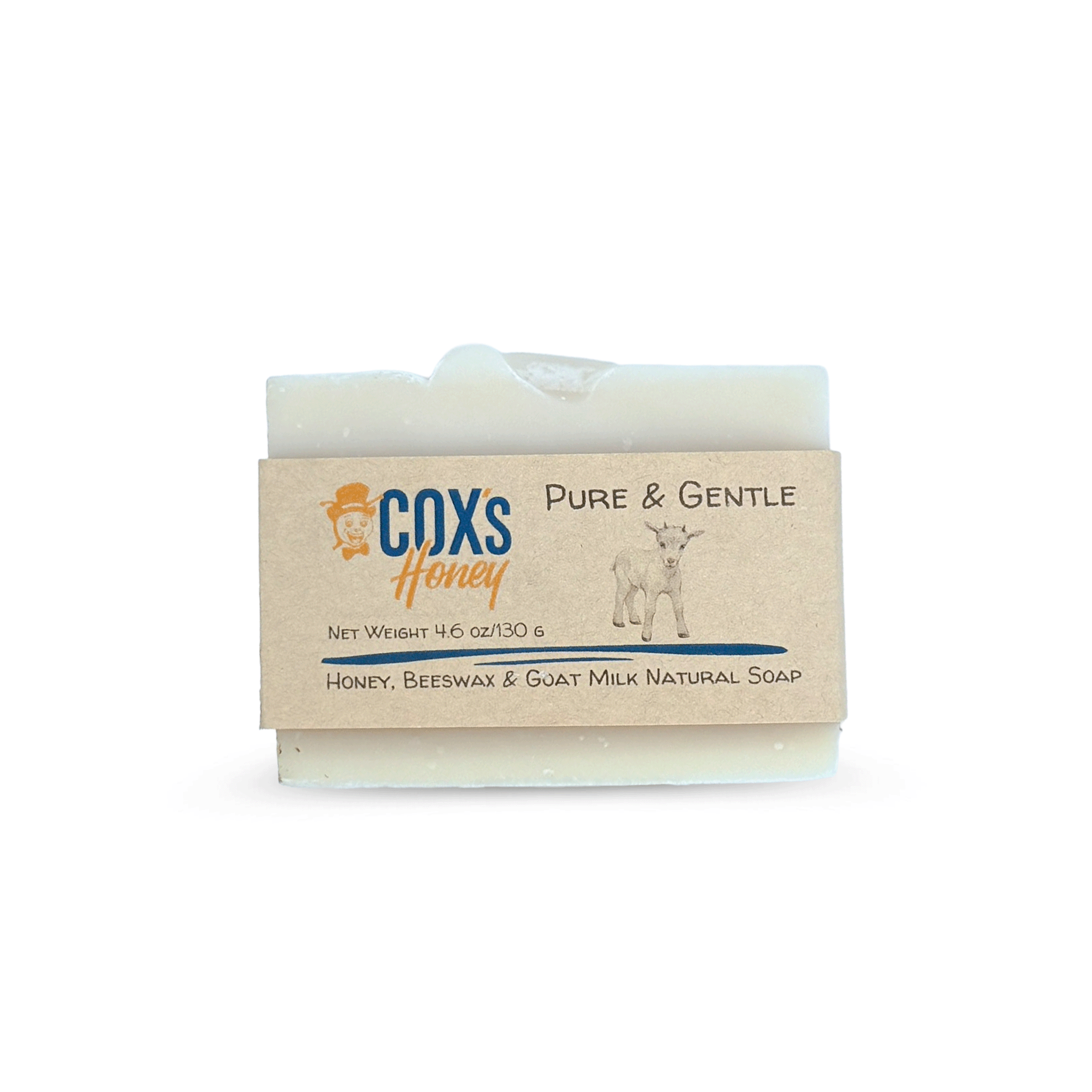 Bar of pure and gentle soap with Coxs Honey packaging on a white background
