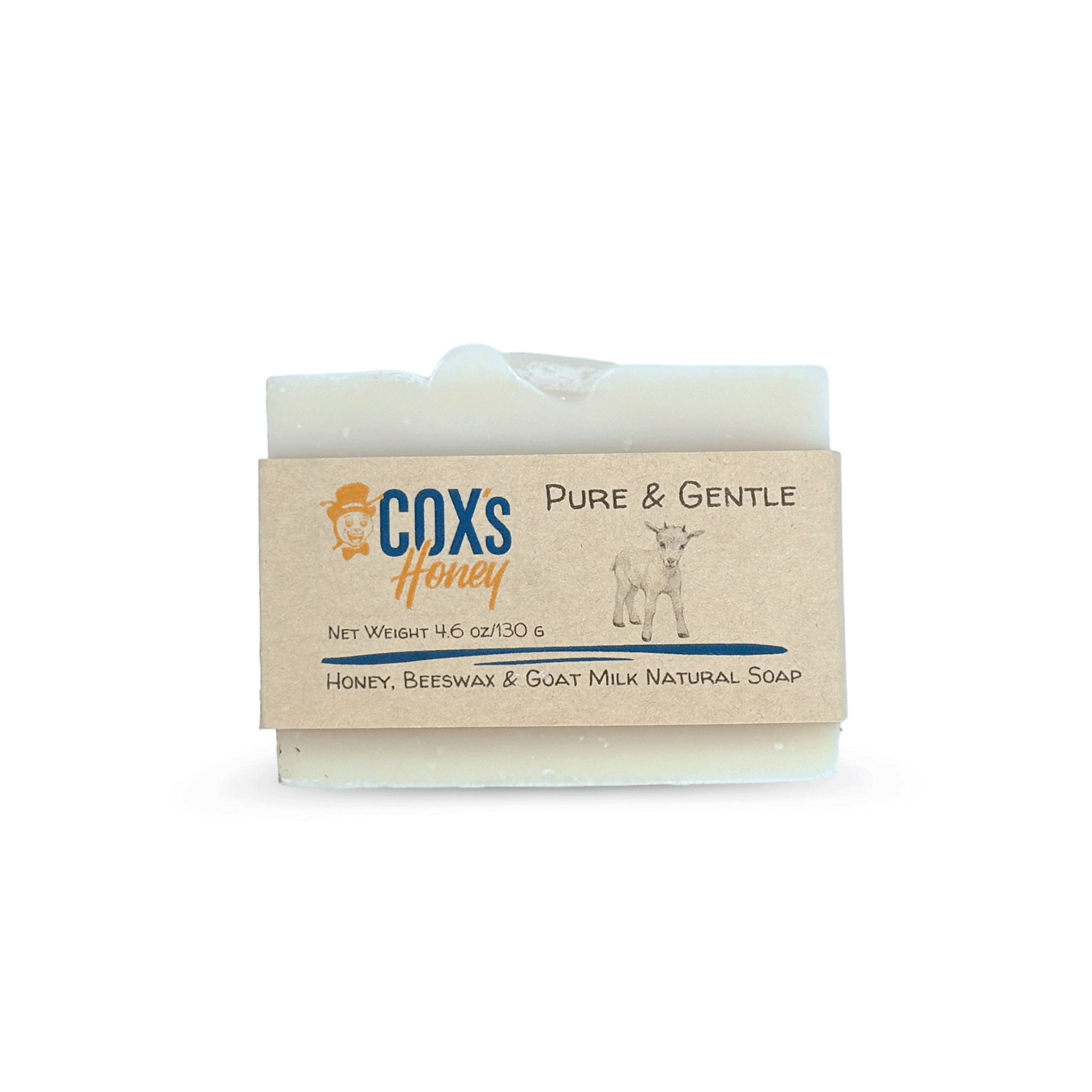 Bar of pure and gentle soap with Coxs Honey packaging on a white background