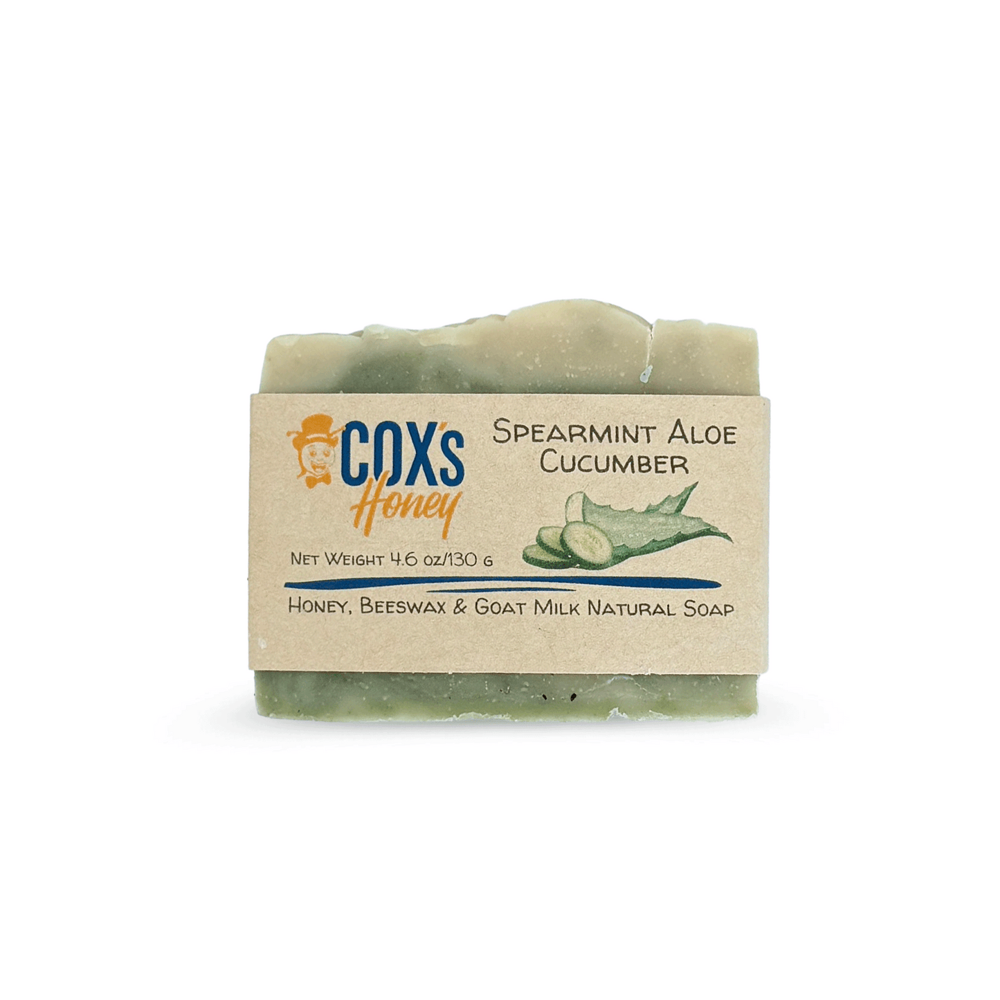 Spearmint Aloe Cucumber soap bar with Coxs Honey branding on a white background