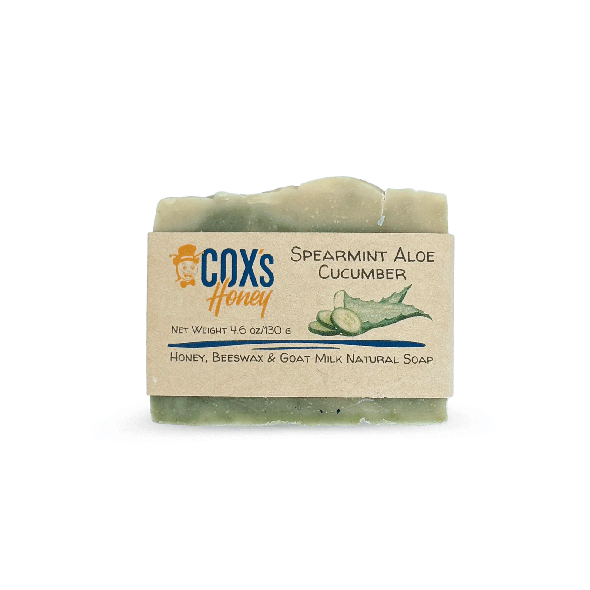 Spearmint Aloe Cucumber soap bar with Coxs Honey branding on a white background