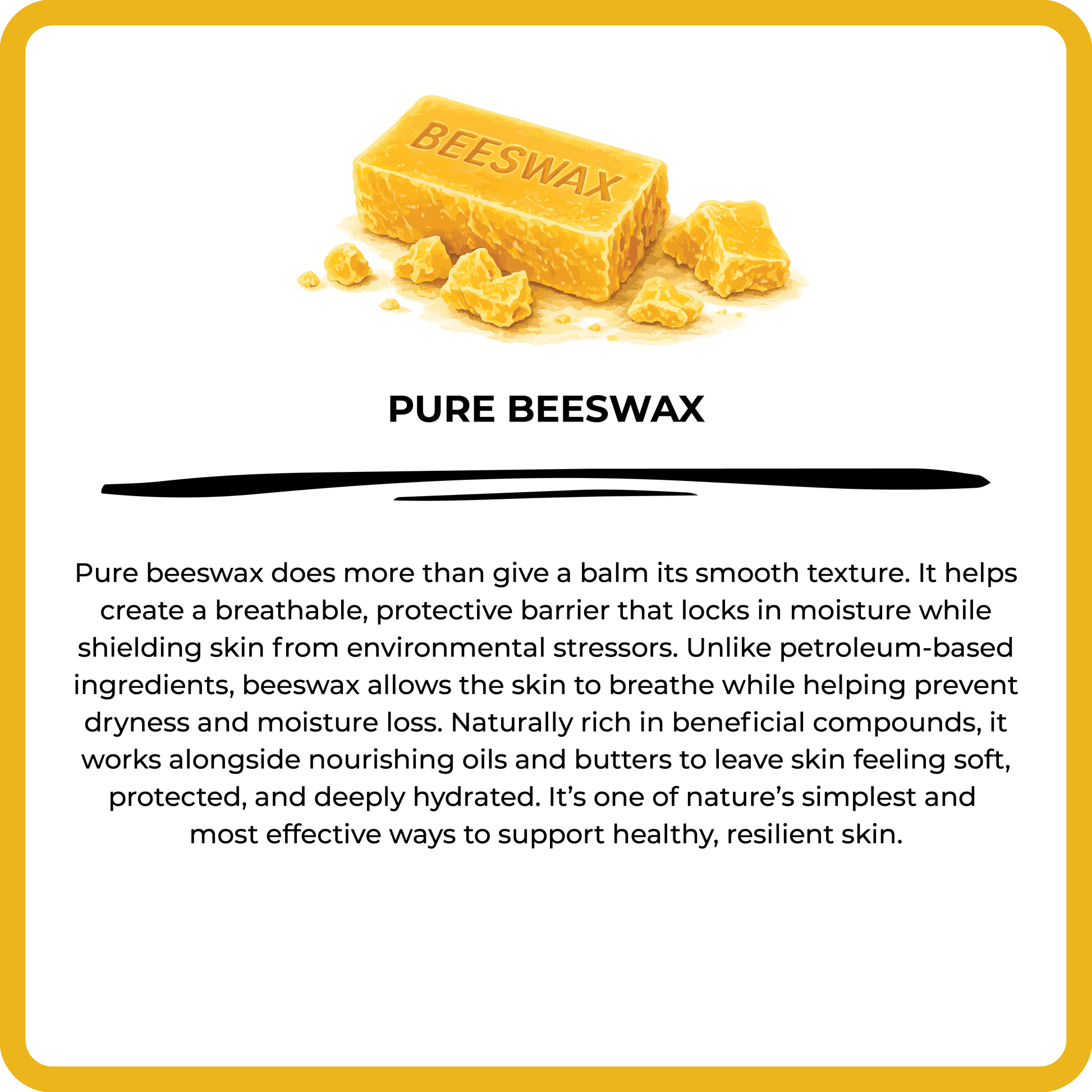 Pure beeswax with text explaining its benefits on a white background