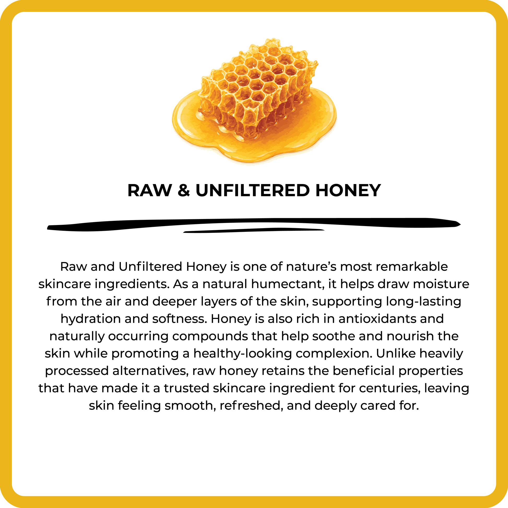 Honeycomb with honey and text about raw and unfiltered honey on a white background.