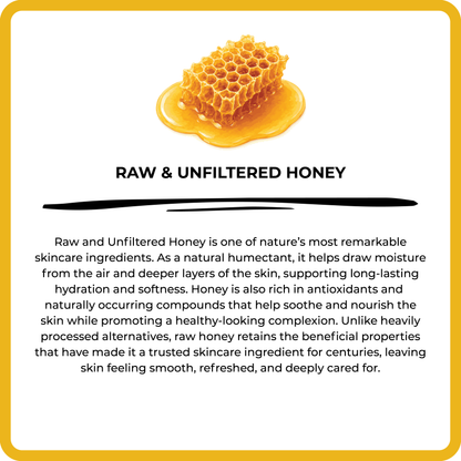 Honeycomb with honey and text about raw and unfiltered honey on a white background.