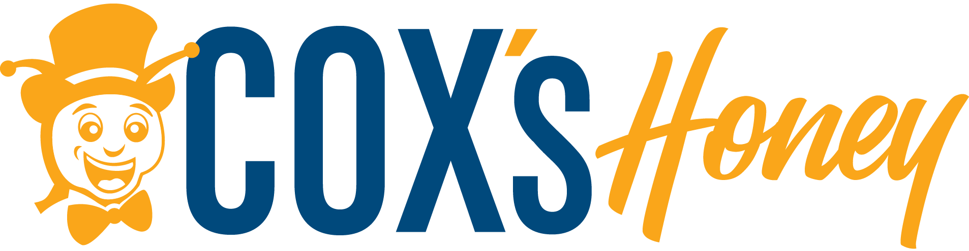 Cox's Honey logo featuring a cartoon bee character in orange and yellow on the left, with 'COX'S' in dark blue and 'Honey' in orange script on a white background.