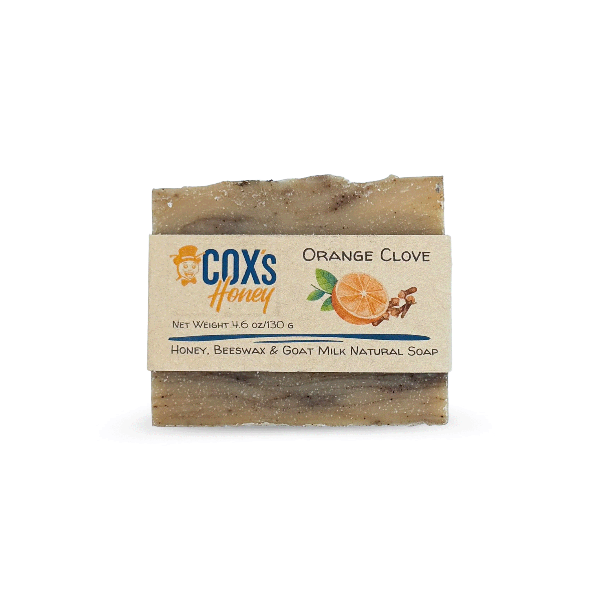 Bar of orange clove soap with a Coxs Honey label on a white background