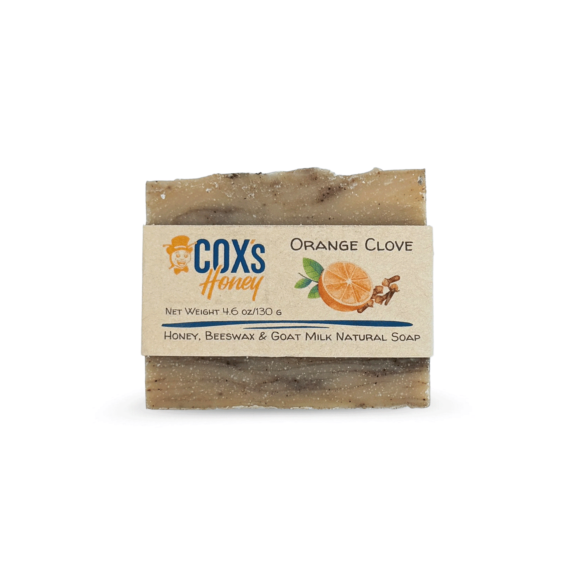 Bar of orange clove soap with a Coxs Honey label on a white background