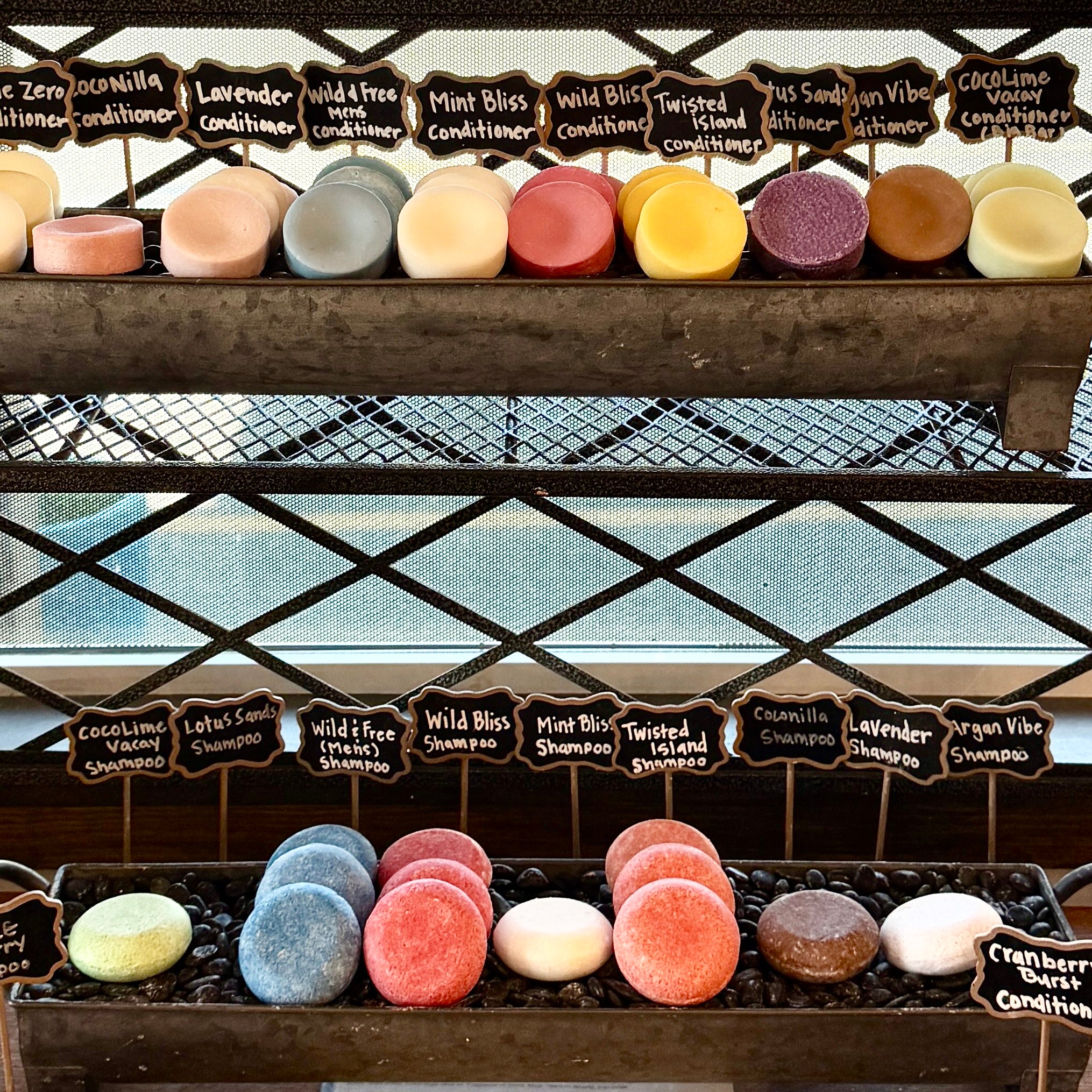 Assorted shampoo and conditioner bars on a wooden shelf with name tags against a windowed wall.