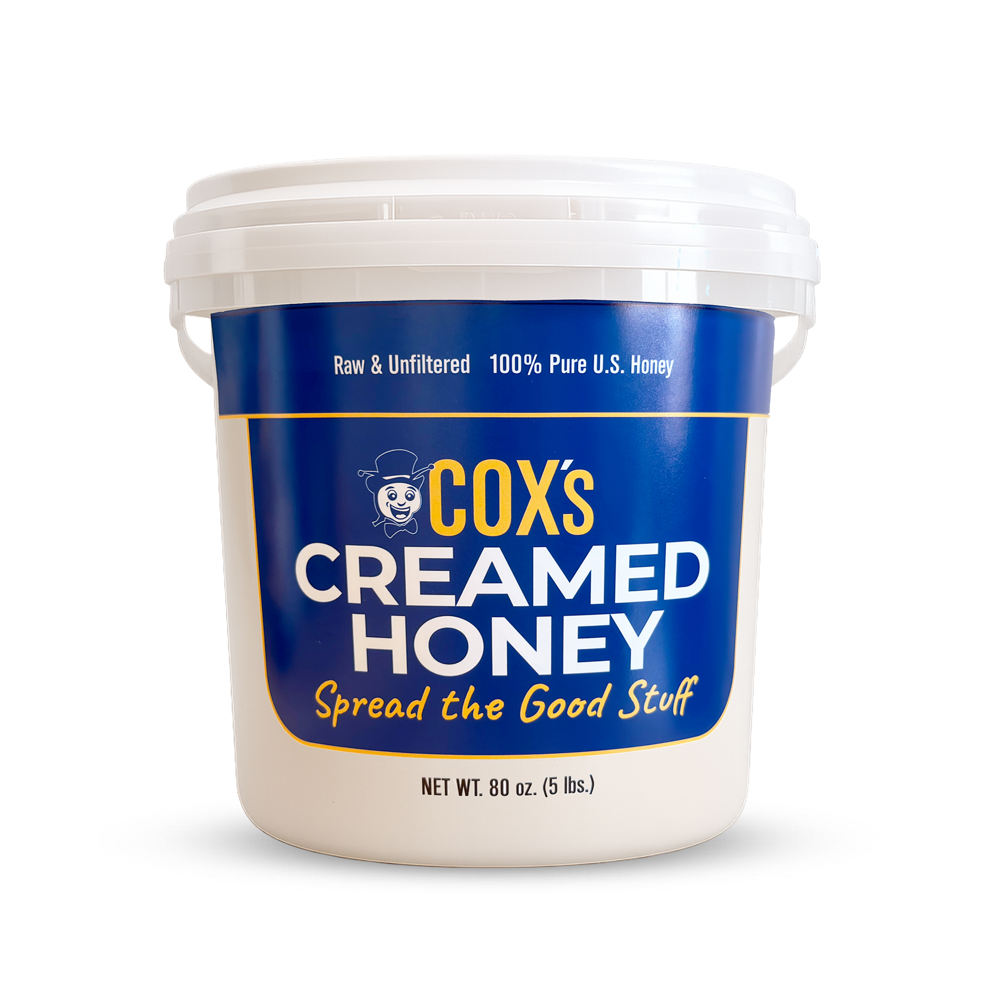 5 lb bucket of Cox's Honey creamed honey on a white background