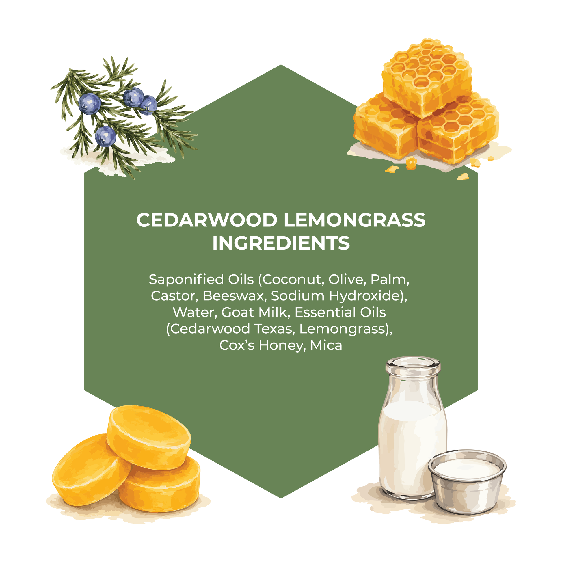 Ingredients list for Cedarwood Lemongrass with visual elements of honeycomb, lemon slices, and milk.