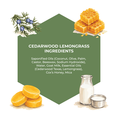 Ingredients list for Cedarwood Lemongrass with visual elements of honeycomb, lemon slices, and milk.