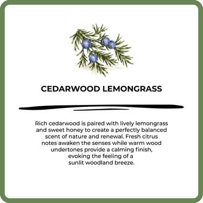 Product label for Cedarwood Lemongrass with botanical illustration and description text.