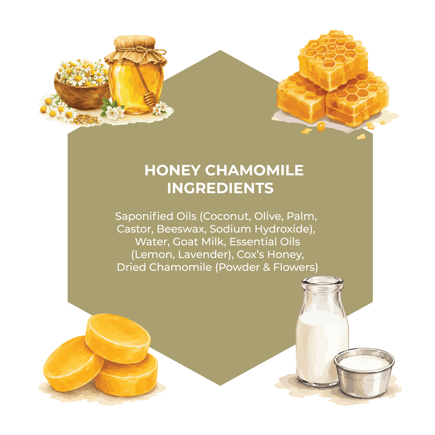 Illustration of honey, chamomile, and other ingredients with a green label detailing 'Honey Chamomile Ingredients'.