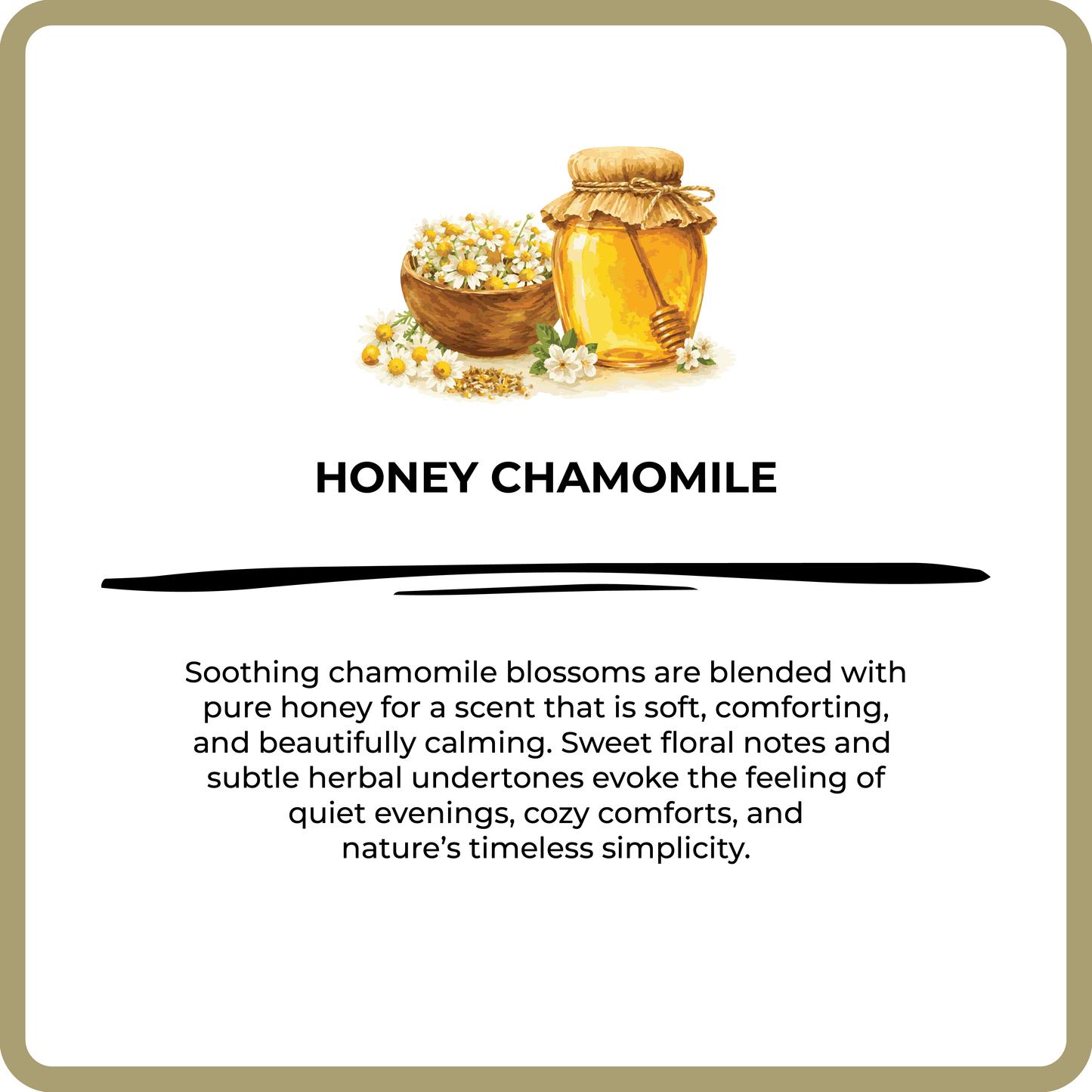 Honey chamomile product description with a jar of honey and a basket of chamomile flowers on a white background.