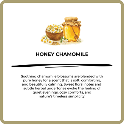 Honey chamomile product description with a jar of honey and a basket of chamomile flowers on a white background.