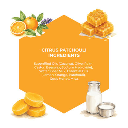 Illustration of citrus patchouli ingredients with oranges, honeycomb, and a bottle of milk on an orange background.