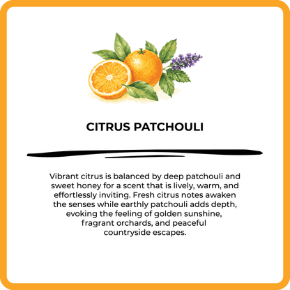 Illustration of oranges and lavender with text describing 'Citrus Patchouli' fragrance.