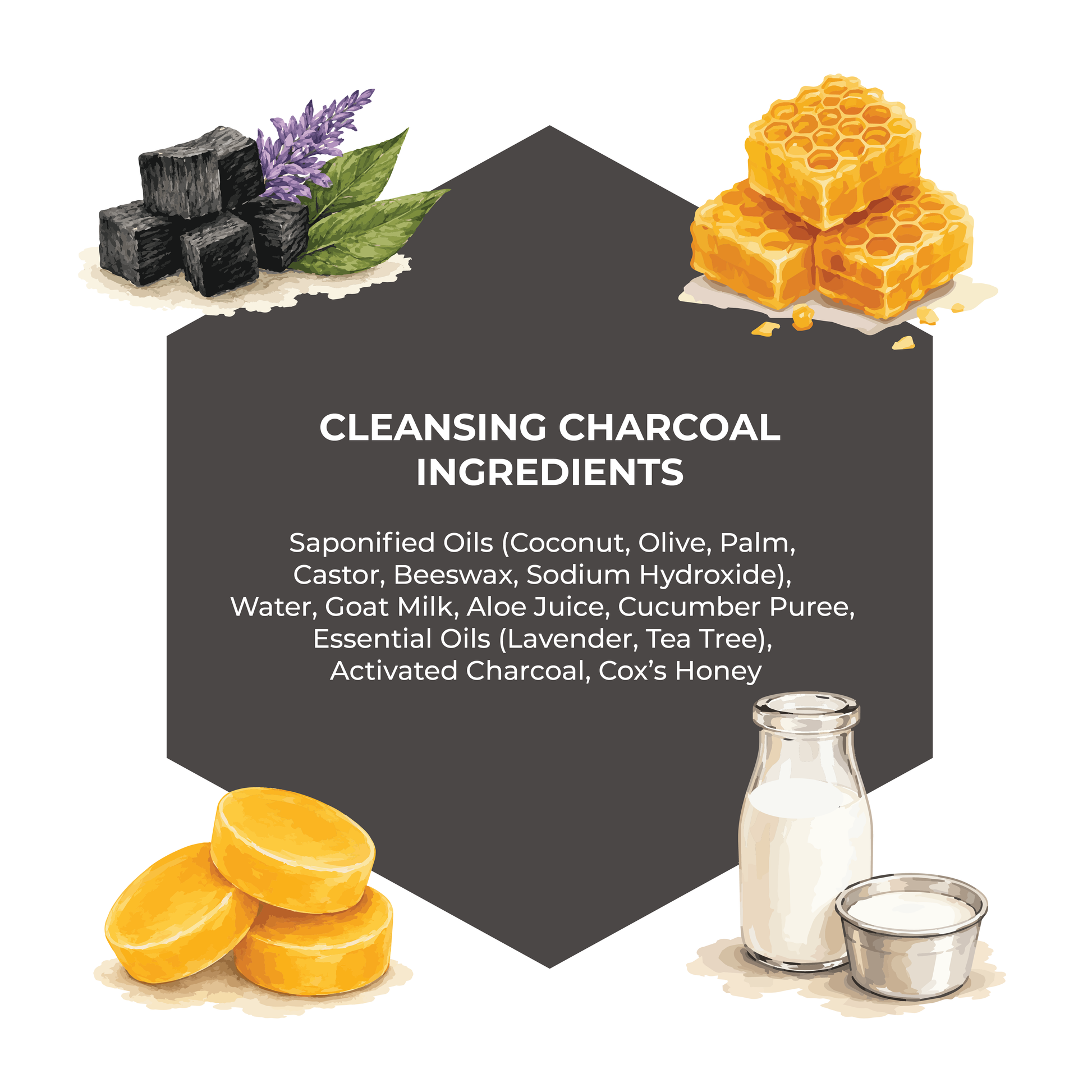 Illustration of cleansing charcoal ingredients with text on a white background