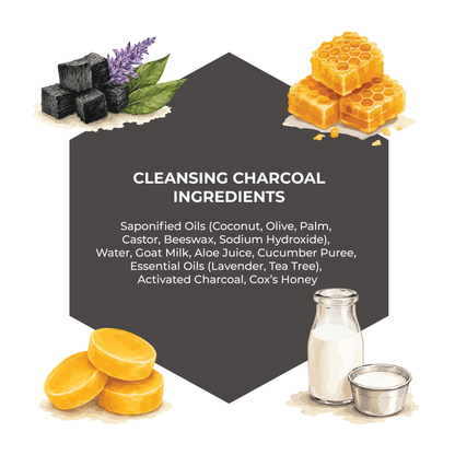 Illustration of cleansing charcoal ingredients with text on a white background