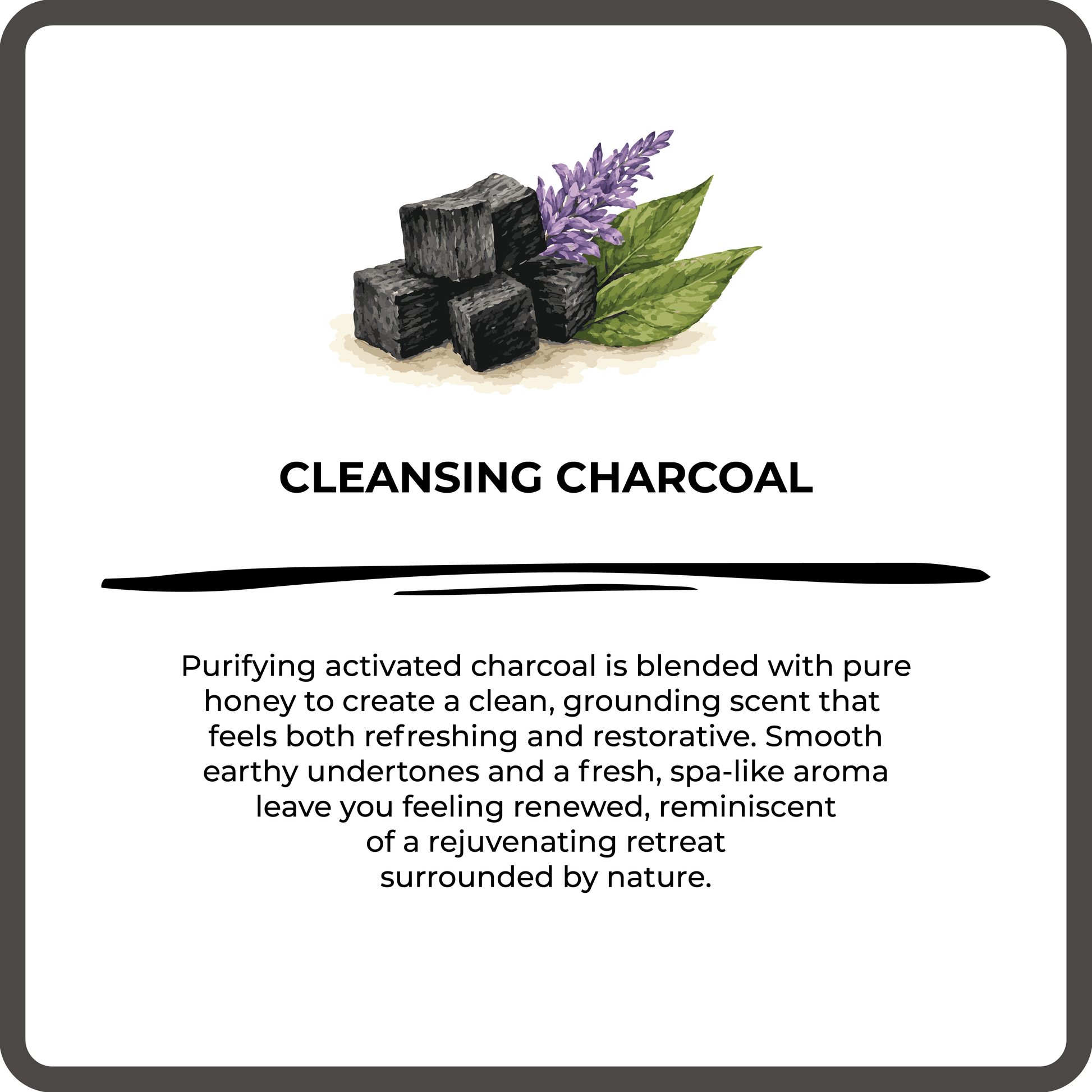 Product label for cleansing charcoal with black charcoal cubes, lavender, and leaves on a white background.