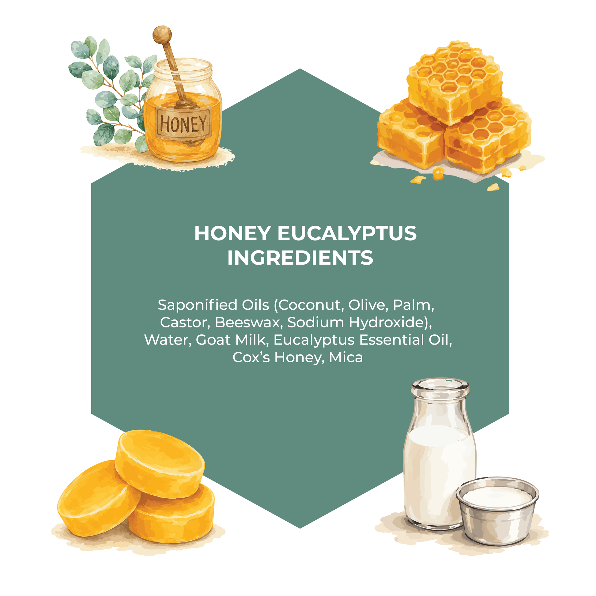 Illustration of honey, eucalyptus leaves, and ingredients with a green label.