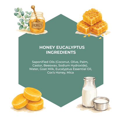 Illustration of honey, eucalyptus leaves, and ingredients with a green label.