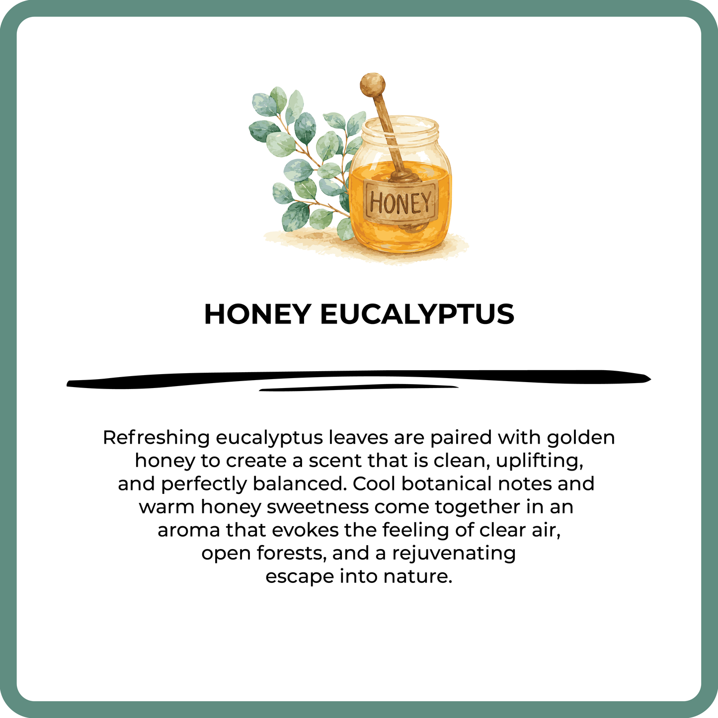 Honey Eucalyptus product description with a jar of honey and eucalyptus leaves on a white background.