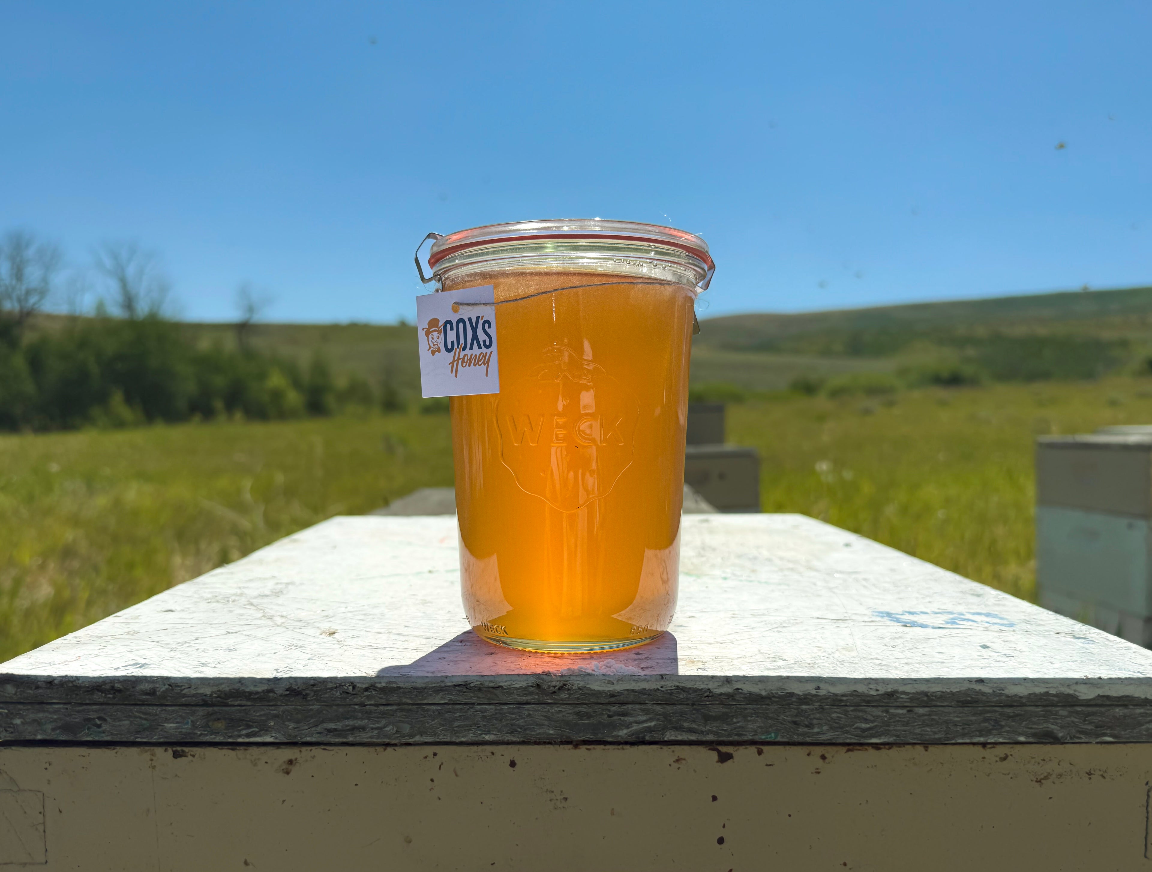 Clear jar of honey with a label on a wooden surface outdoors
