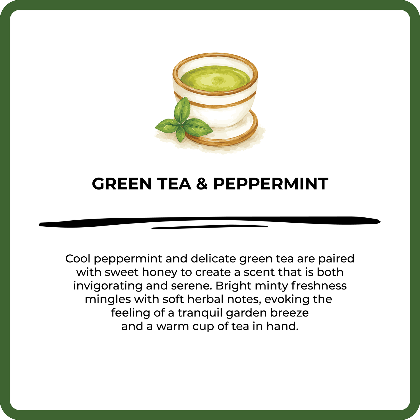 Product description card for green tea and peppermint with an illustration of a teacup.