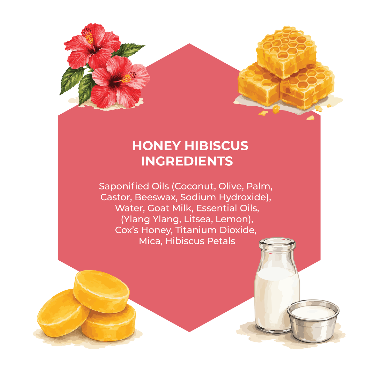 Illustration of honey, hibiscus flowers, and ingredients with a pink label on a white background.