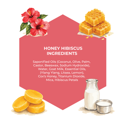 Illustration of honey, hibiscus flowers, and ingredients with a pink label on a white background.