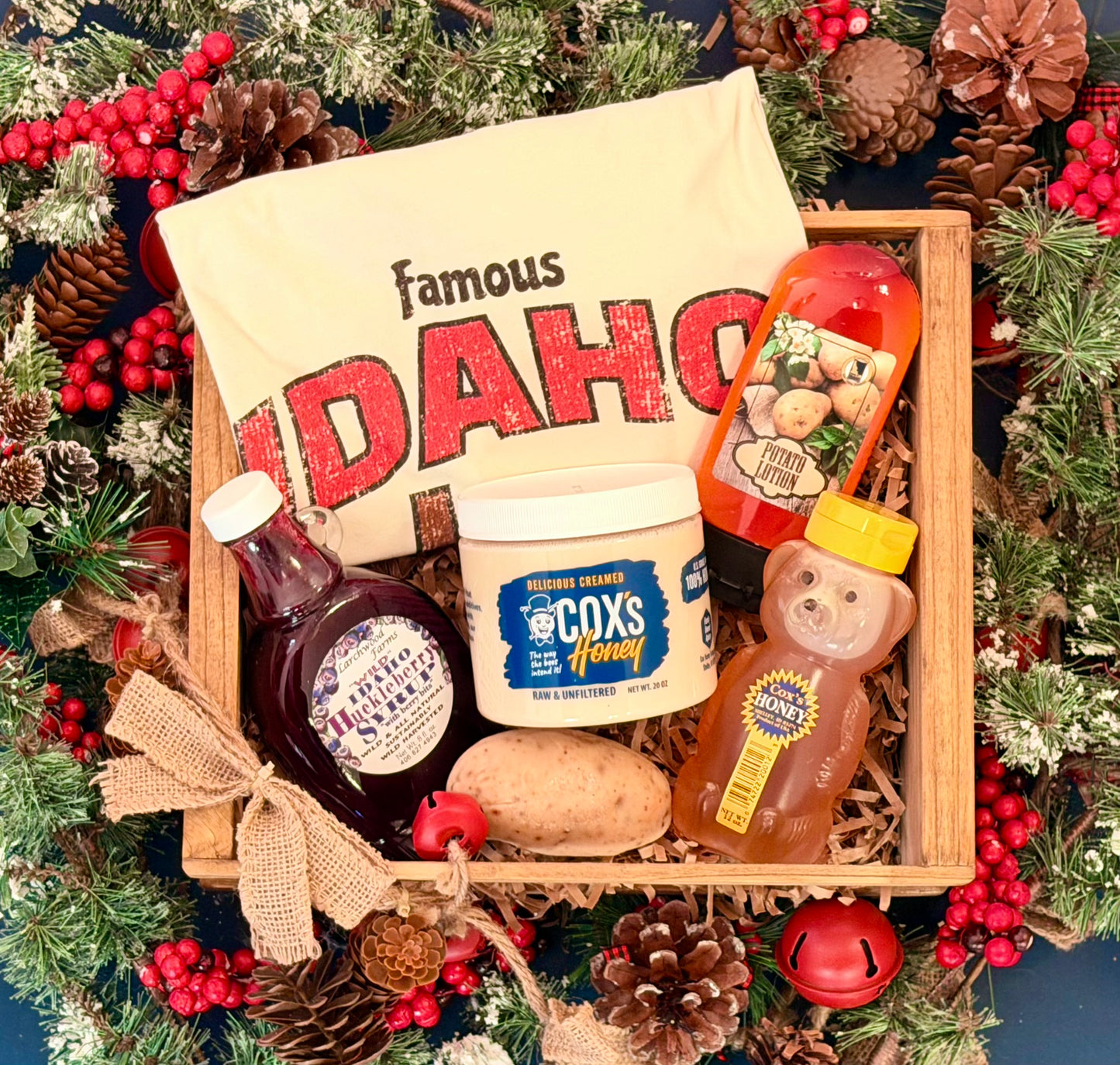 Coxs Honey Idaho Gift Box - honey, creamed honey, huckleberry syrup, potato gifts and a famous Idaho shirt