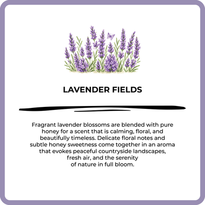 Advertisement for lavender fields with lavender flowers and descriptive text.