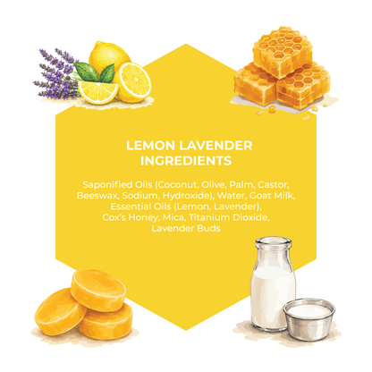 Lemon lavender ingredients with lemons, lavender buds, honeycomb, and milk on a white background.