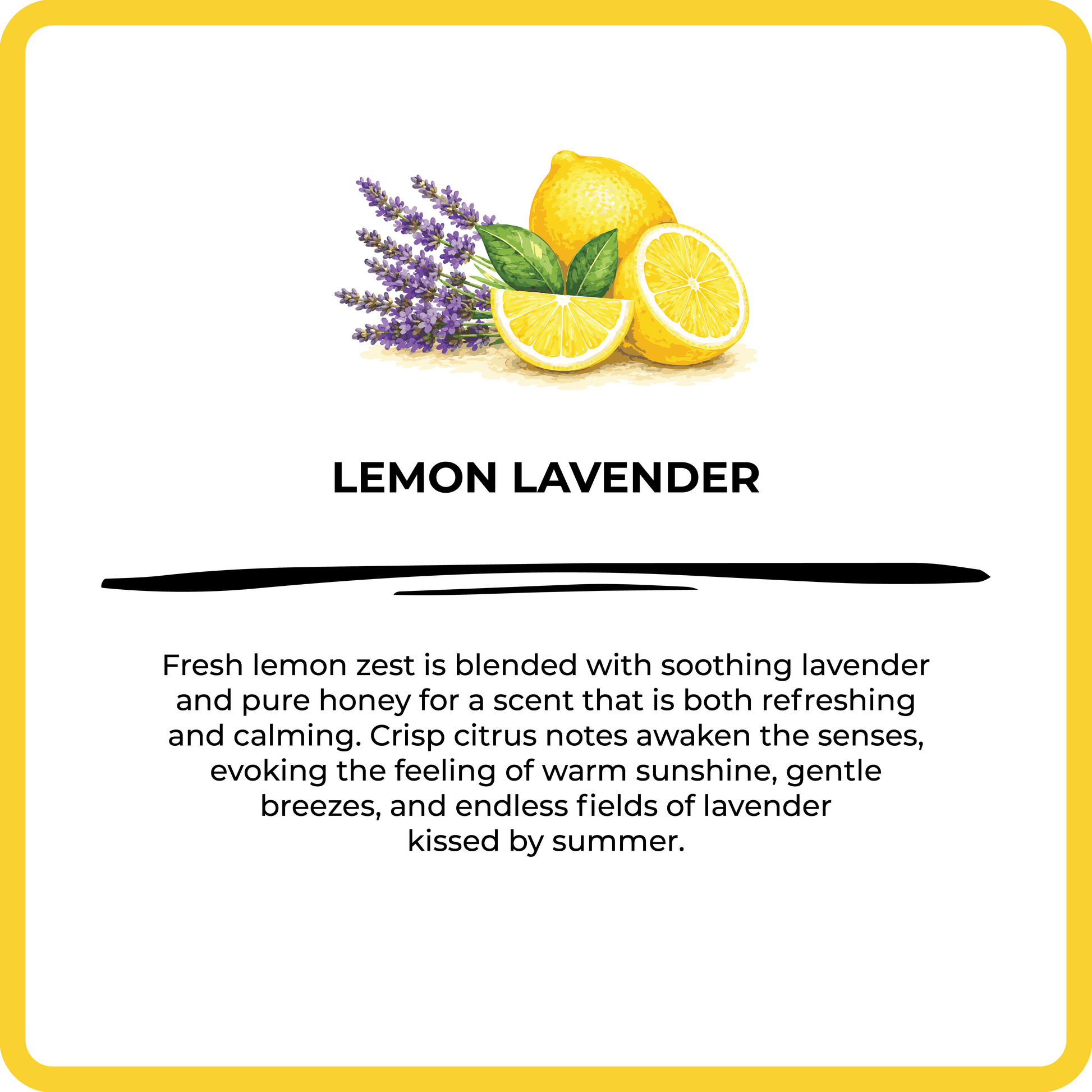 Lemon and lavender with text describing the 'Lemon Lavender' fragrance.
