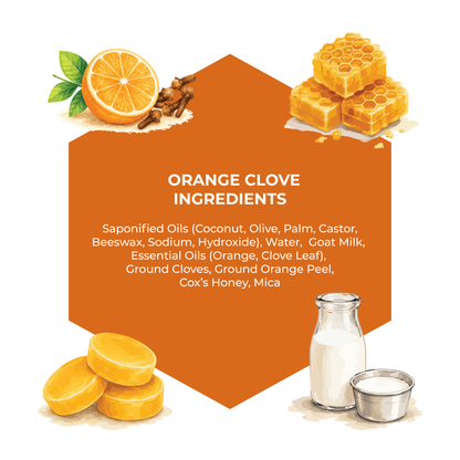 Orange clove ingredients with a list on an orange background