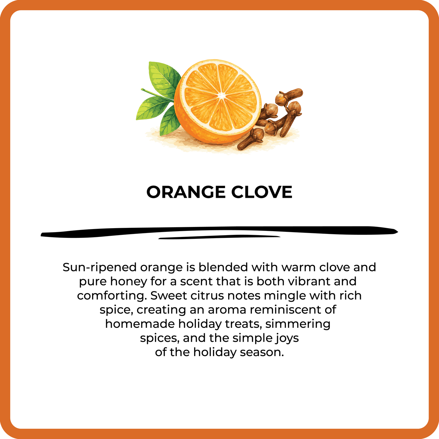 Product label for 'Orange Clove' with an orange and cloves on a white background.