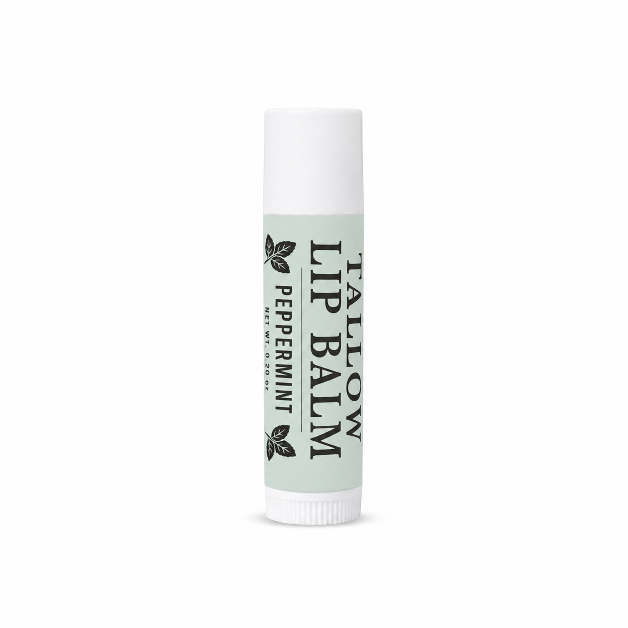 Lip balm with 'Tallow Peppermint' label on a white background