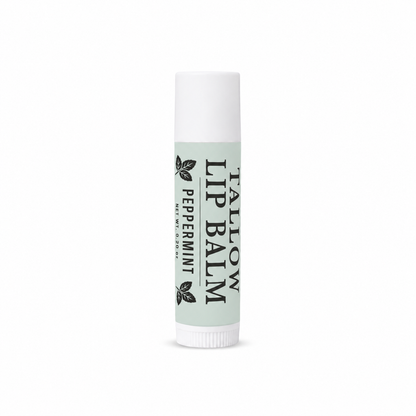 Lip balm with 'Tallow Peppermint' label on a white background